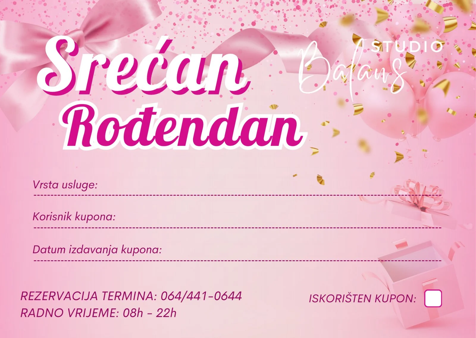Srećan Rođendan - Pink – poklon kupon za masažu u Balans Studiju